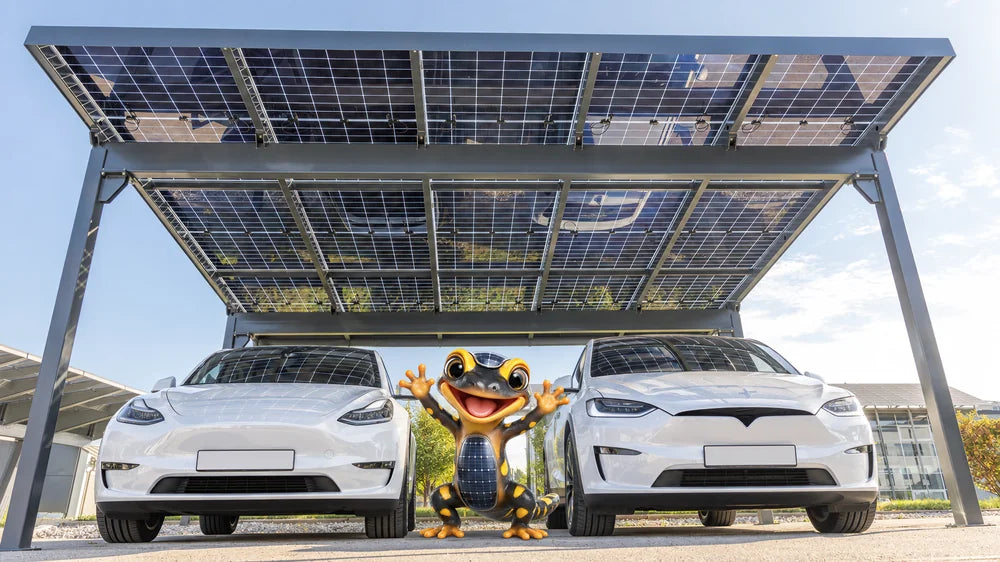 Der SOLARMANDA jubelt zwischen zwei E-Autos unter einem Solar-Carport mit bifazialen Modulen (KI-bearbeitetes Foto)
