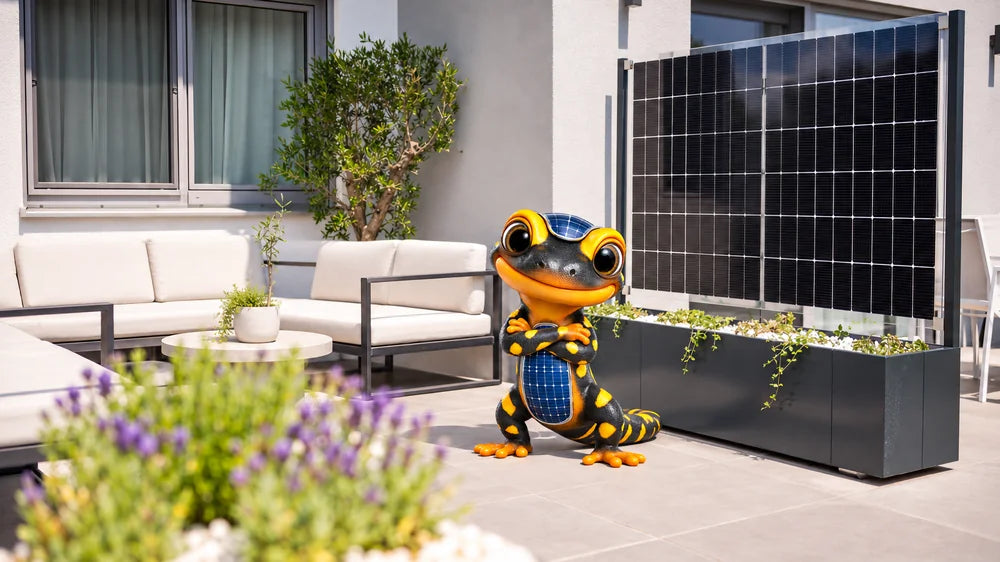 Solarpflanzkasten mit senkrechtem Solarmodul als Sichtschutz auf einer Terrasse, der SOLARMANDA steht davor (KI-bearbeitetes Foto)
