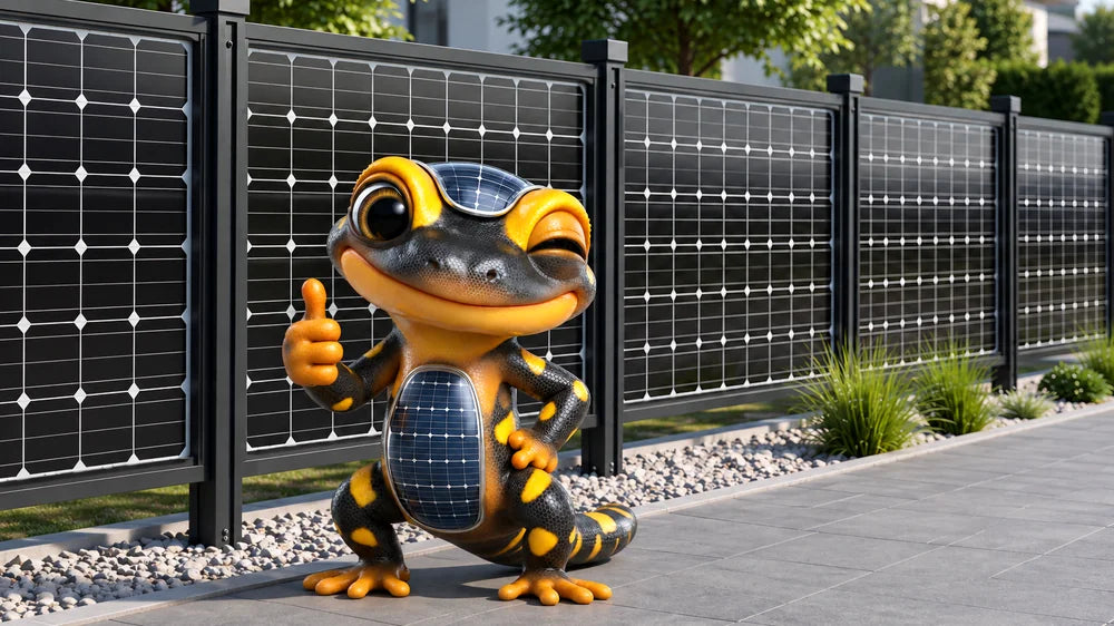 Der SOLARMANDA zeigt Daumen hoch vor einem Solarzaun aus bifazialen Modulen (KI-bearbeitetes Foto)