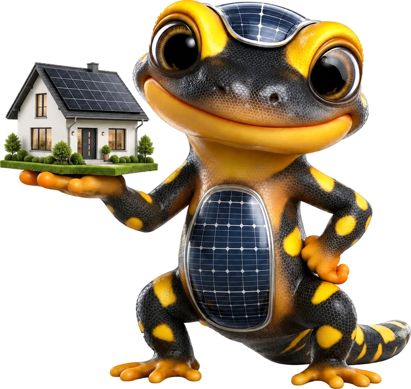 Der SOLARMANDA hält ein Haus mit Solaranlage