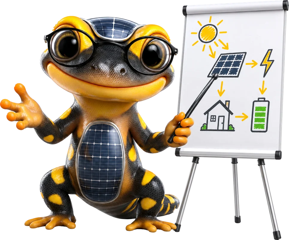 Der SOLARMANDA mit Brille erklärt am Flipchart, wie Solarstrom funktioniert