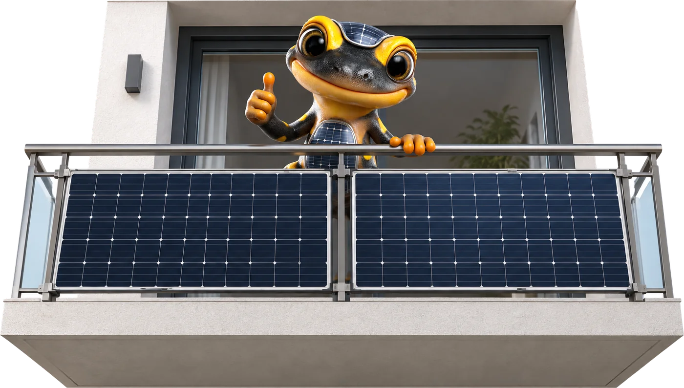 Der SOLARMANDA auf seinem Balkon in einem modernen Wohnblock – zwei Solarmodule quer am Geländer montiert